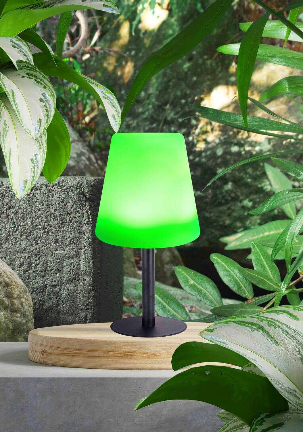 Luminaire en situation extérieure, abat-jour vert allumé parmi des plantes.