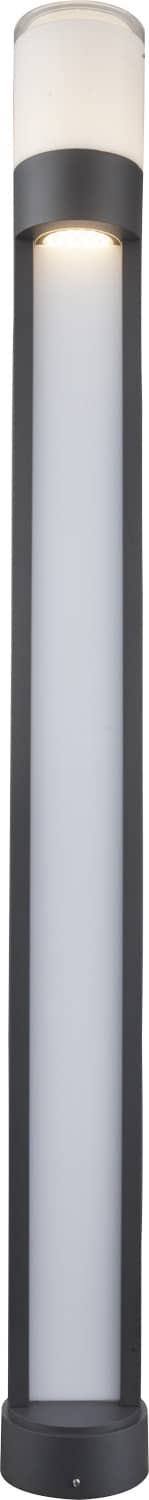 Vue de face de la borne cylindrique grise, allumée, avec long diffuseur blanc.
