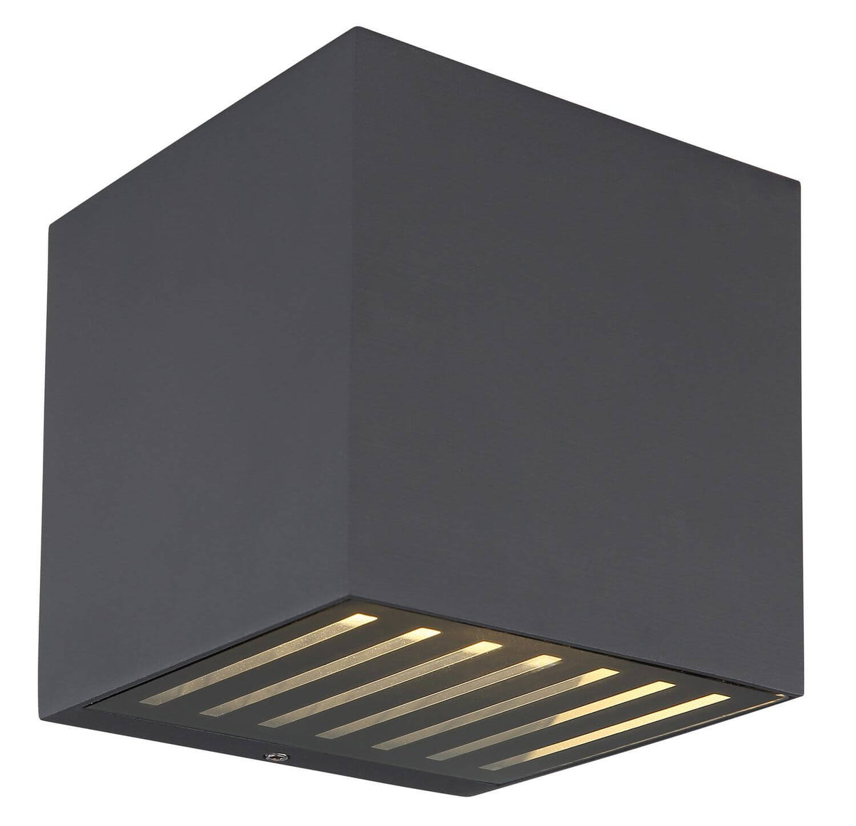 Produit anthracite de face sur fond blanc, diffuseur strié et finition aluminium