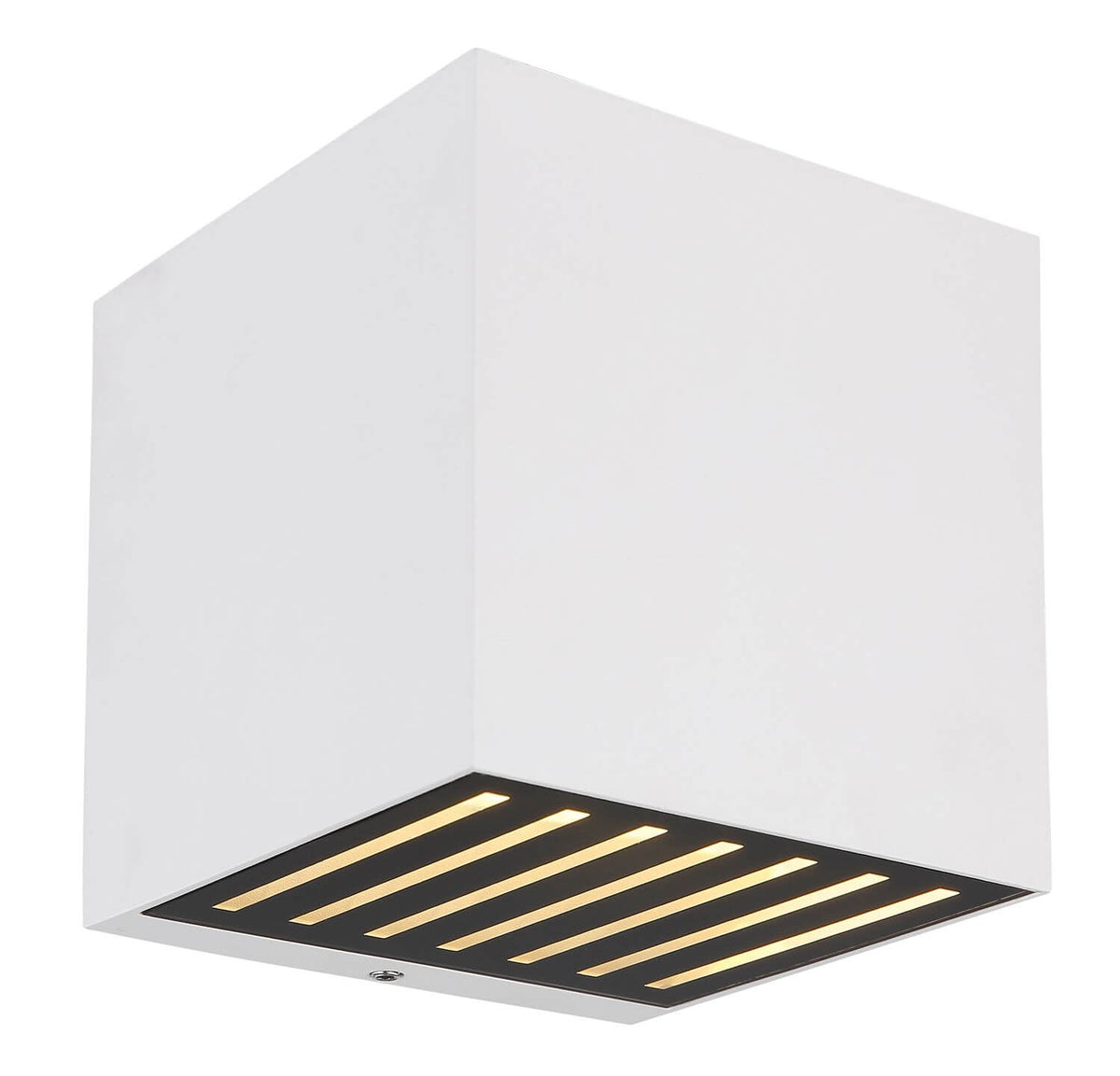 Vue de trois quarts du luminaire mural blanc mat avec grille lumineuse intégrée