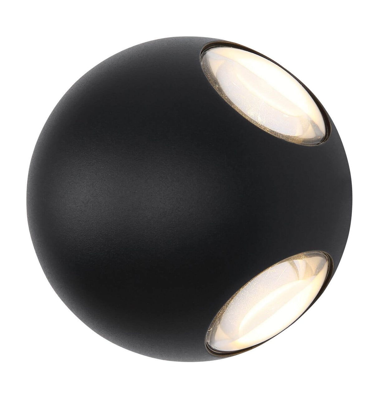 Vue de face du luminaire mural sphérique noir mat avec deux diffuseurs en verre transparent