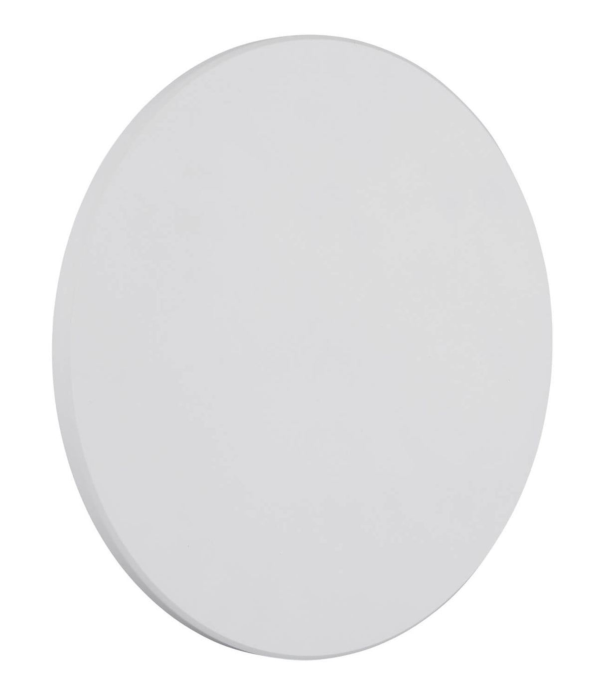 Vue de face du luminaire rond blanc mat, diffuseur opale uniforme sur fond blanc