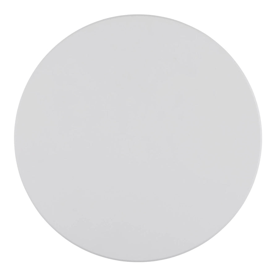Plan rapproché du disque mural blanc mat, légèrement incliné, fond neutre uni
