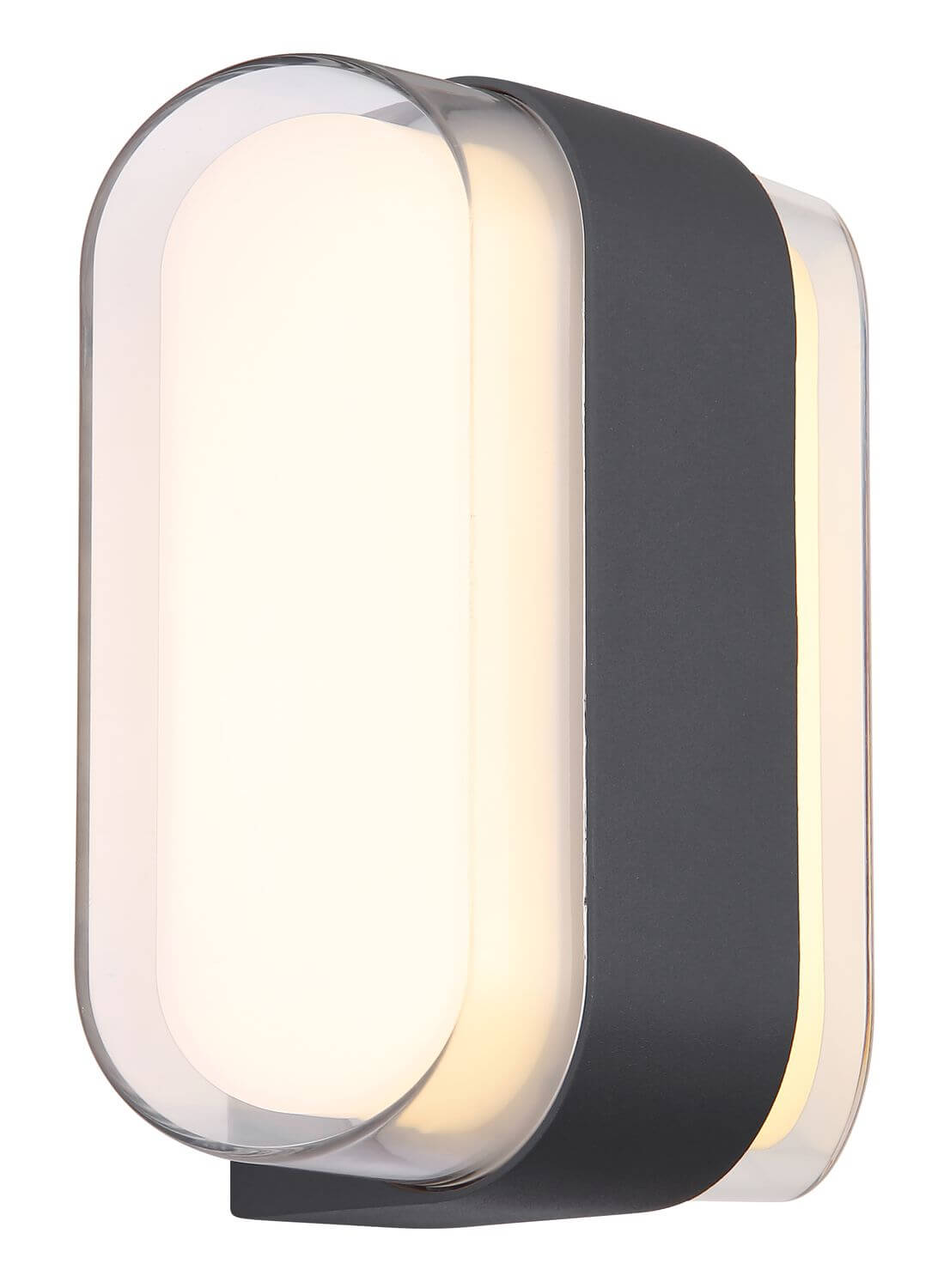 Détail de la coque transparente bombée et du boîtier anthracite du luminaire.
