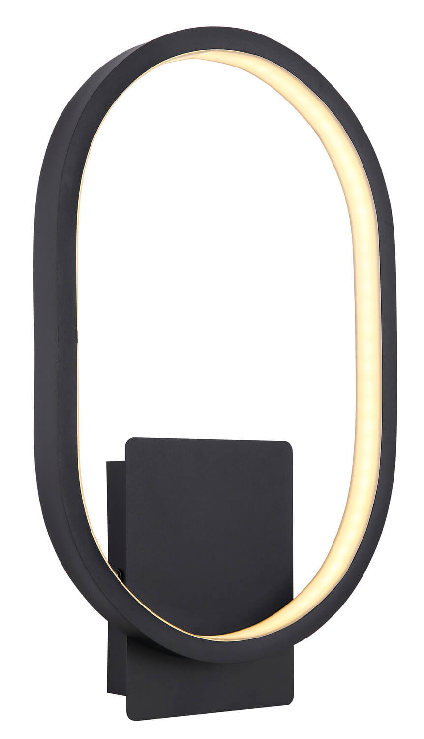 Vue de trois quarts du luminaire mural noir dévoilant son support rectangulaire fixé au mur