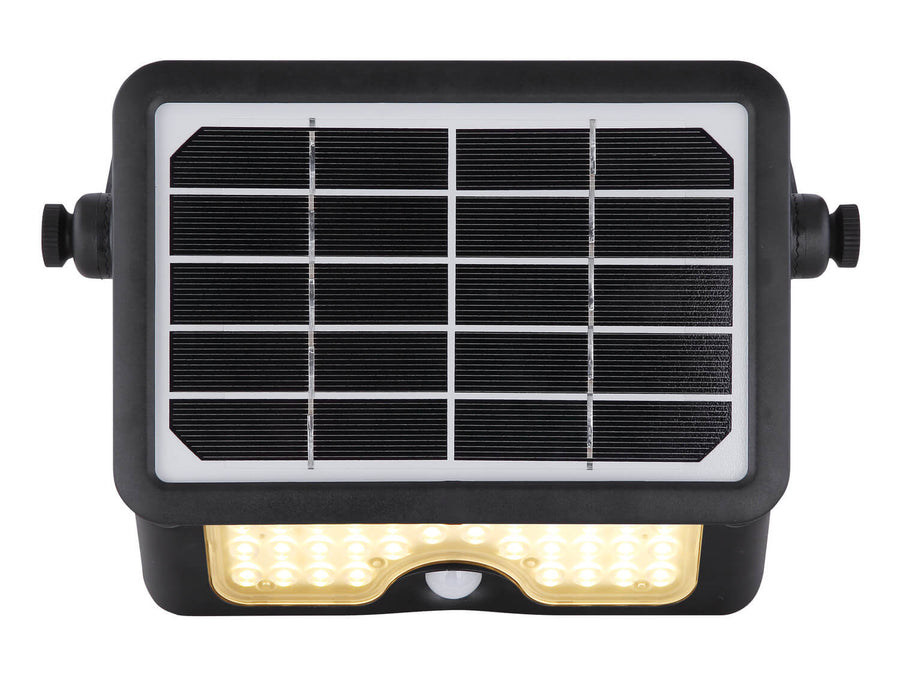 Vue de face du projecteur, damier solaire et rangée de LED allumées.