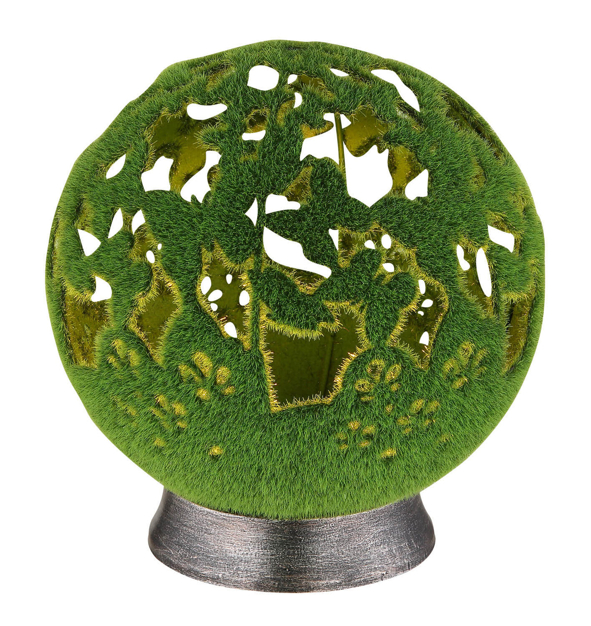 Luminaire sphérique vert imitant le feuillage, base argentée, présenté sur fond blanc