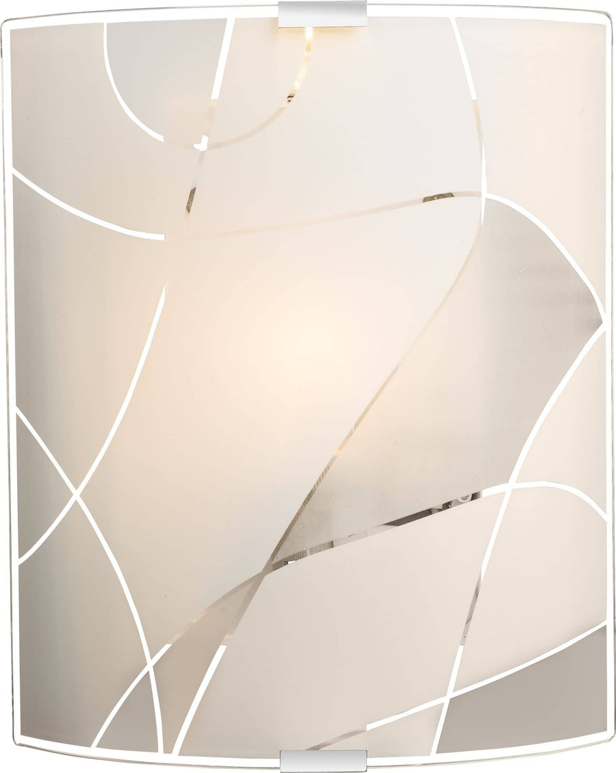 Applique murale blanche allumée, vue de face, verre bombé et lignes abstraites