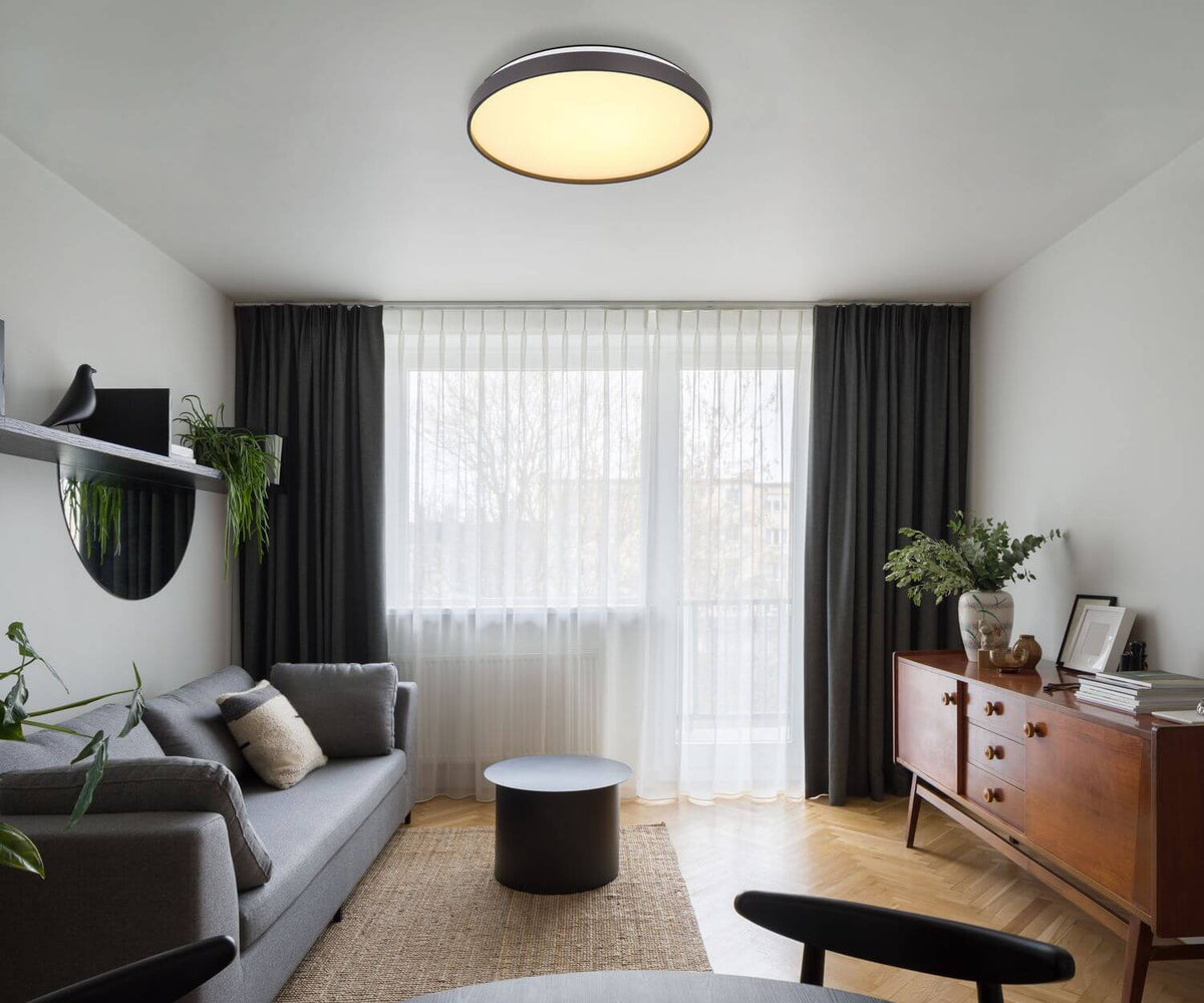 Mise en ambiance dans un salon avec le plafonnier allumé au plafond.