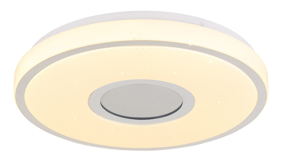 Vue de dessous du plafonnier allumé, anneau lumineux et disque central éclairé