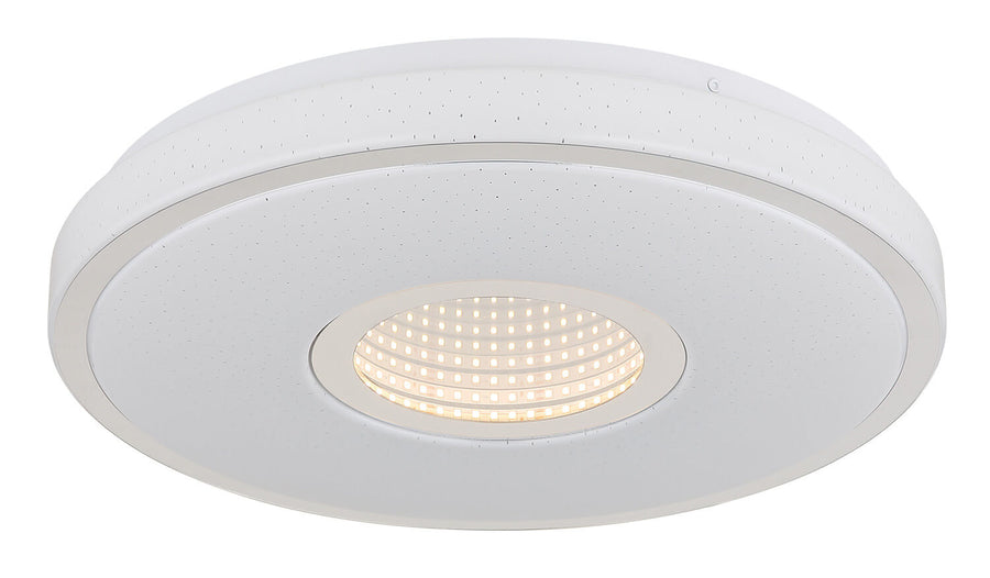 Détail du plafonnier éteint montrant la couronne de micro-perforations et le logement LED