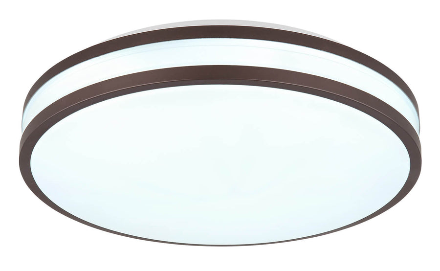 Plafonnier rond en éclairage blanc froid, cerclage marron contrastant avec le diffuseur