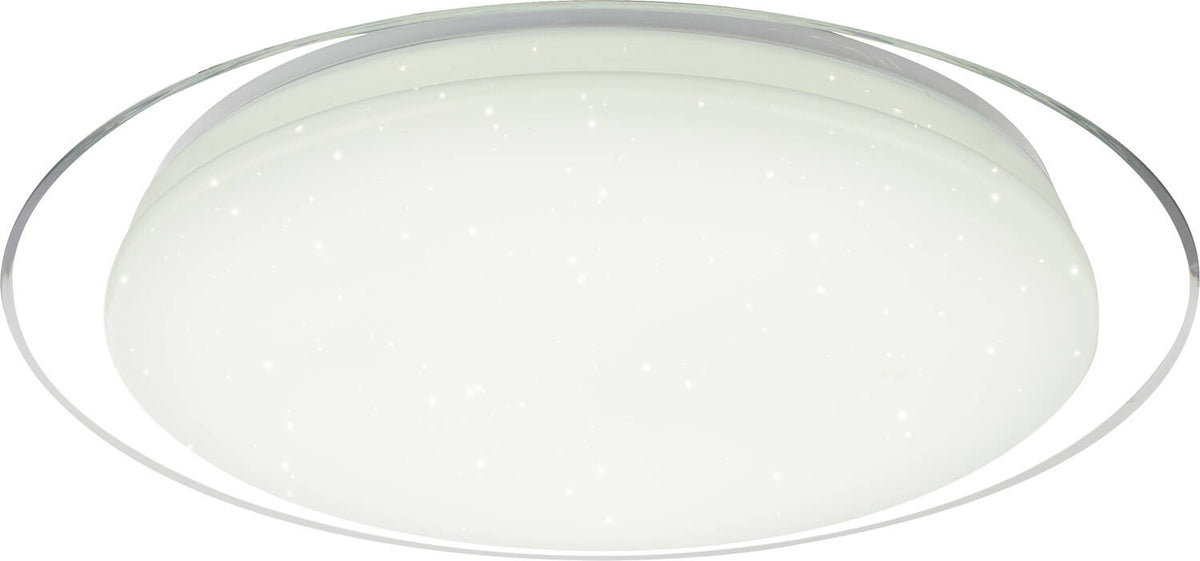 Plafonnier rond blanc éteint, anneau métallique et diffuseur à motifs étoilés