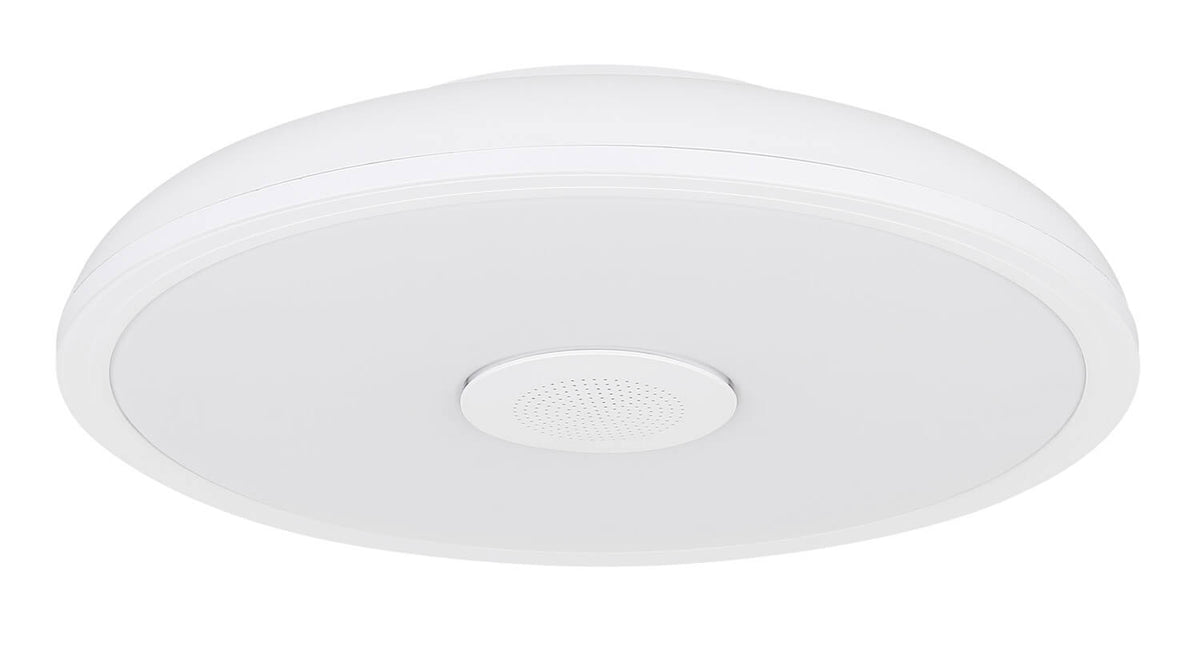 Vue de dessous du luminaire éteint, diffuseur opale et grille centrale perforée.