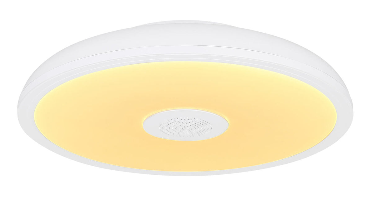 Plafonnier rond en lumière chaude jaune, vue rapprochée en contre-plongée.