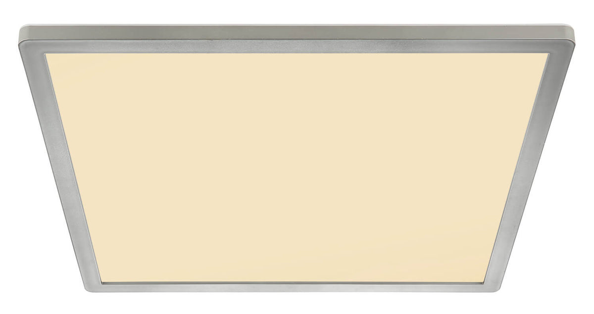 Face avant du plafonnier carré, bordure nickel et diffuseur beige allumé