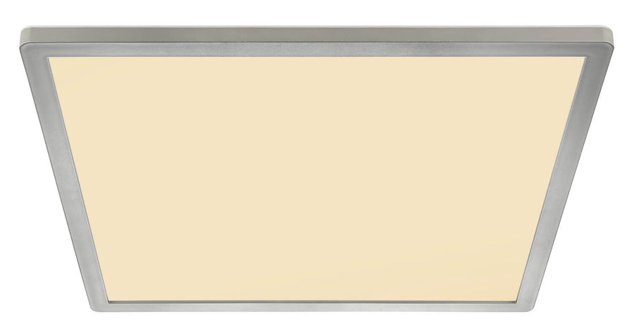 Face avant du plafonnier carré, bordure nickel et diffuseur beige allumé