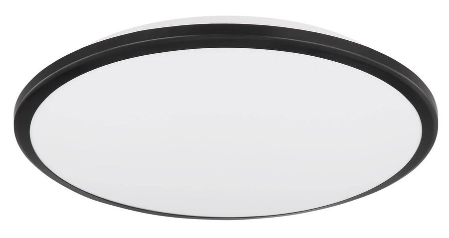 Vue de face du plafonnier éteint, diffuseur blanc dépoli et large anneau noir