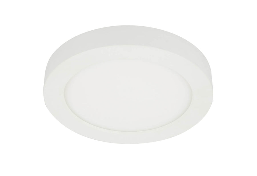Plafonnier rond blanc éteint, vue de face, détail du cerclage et du diffuseur