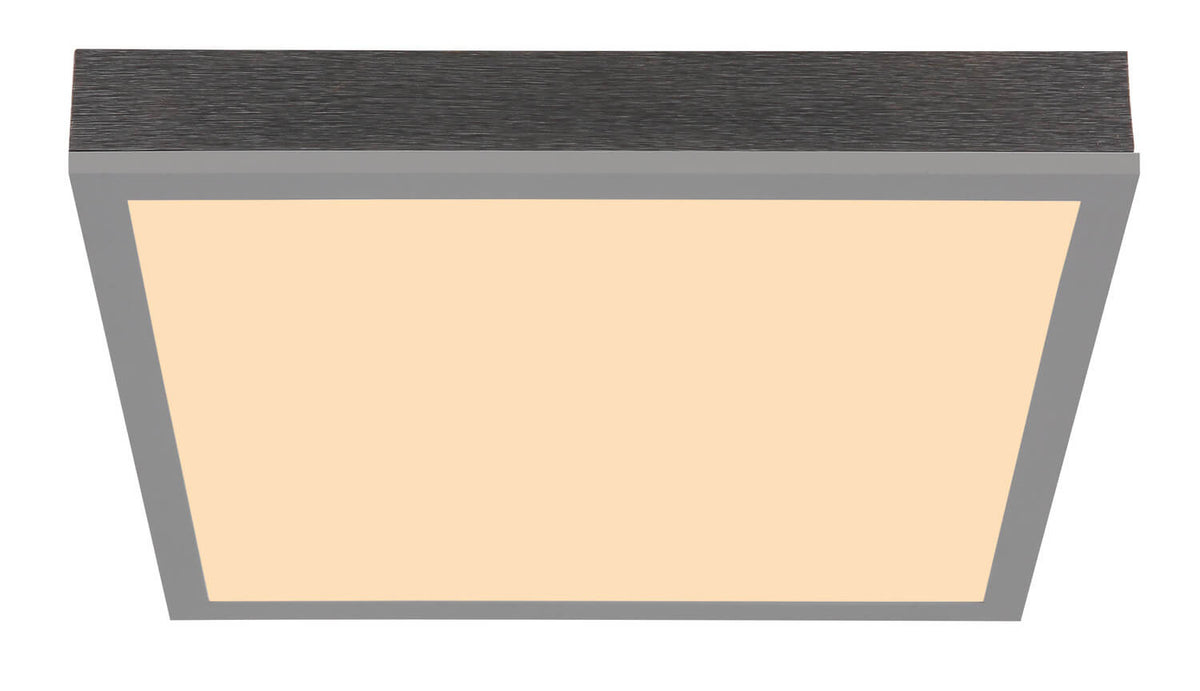Produit de face allumé, cadre gris et bandeau supérieur effet bois foncé