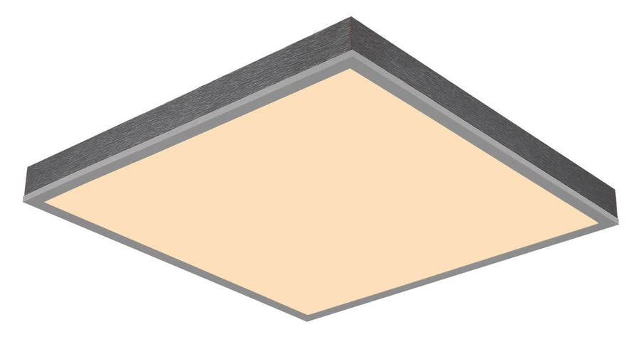 Vue rapprochée du plafonnier carré, cadre argenté et diffuseur beige lumineux.