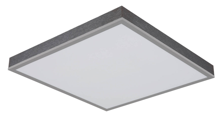 Plafonnier carré éteint, diffuseur blanc et cadre argenté texturé effet bois.