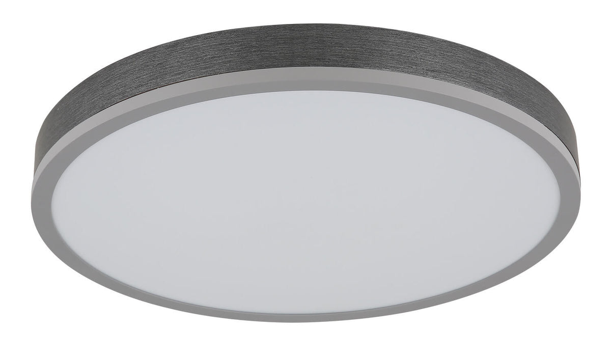Plafonnier éteint, vue de face avec diffuseur blanc opalin et contour gris