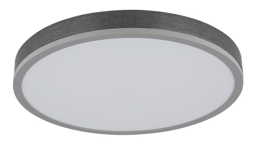 Plafonnier éteint, vue de face avec diffuseur blanc opalin et contour gris