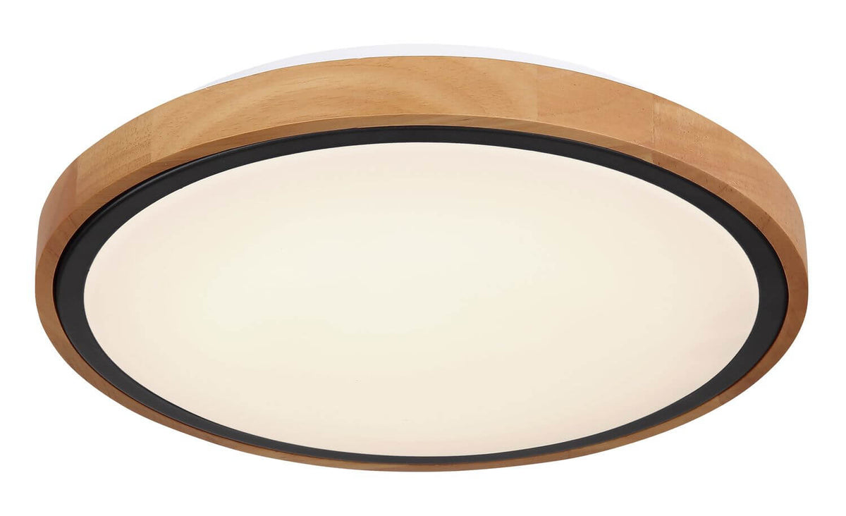 Vue rapprochée du luminaire rond montrant l'anneau en bois et le diffuseur opale