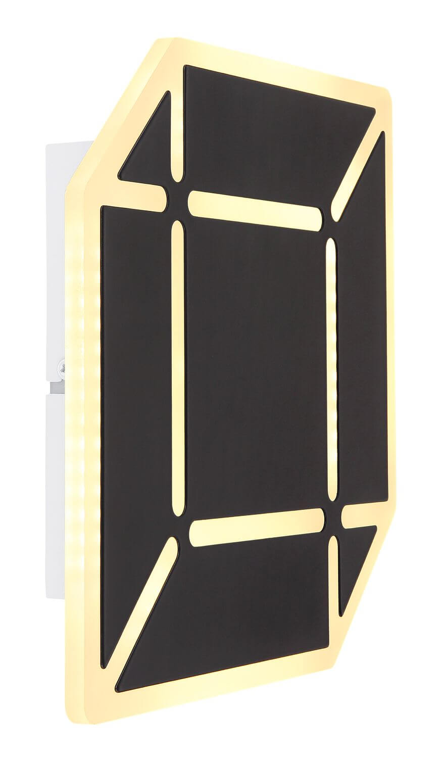 Détail rapproché du panneau noir et de sa bordure éclairée dorée.