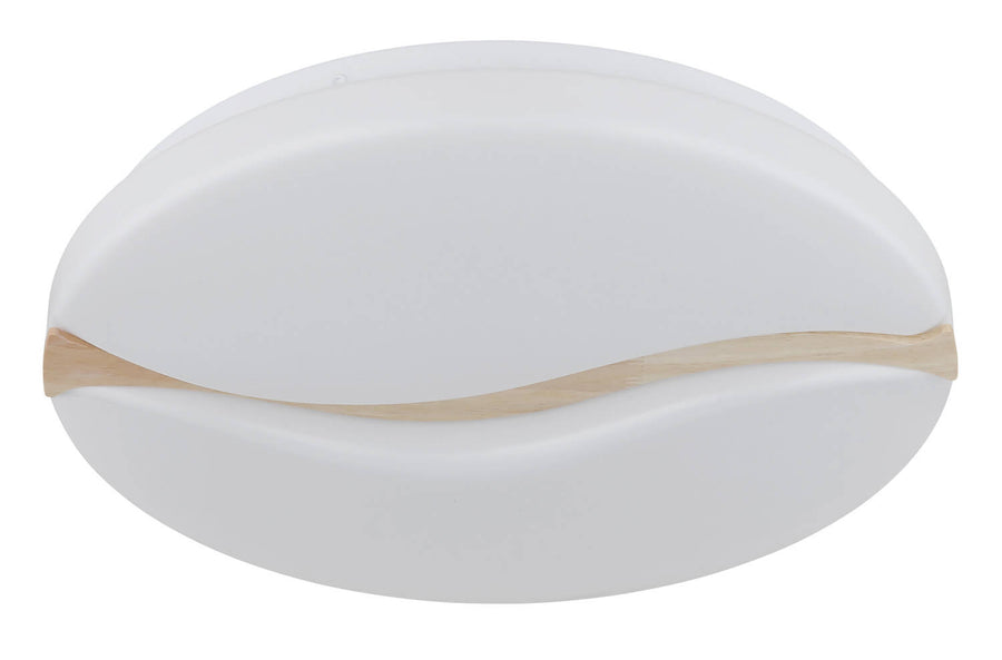 Plafonnier blanc éteint, vu de face, avec sa bande en bois brut contrastante.