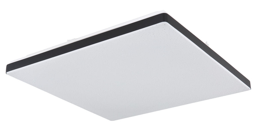 Face inférieure du luminaire éteint, diffuseur blanc tacheté et cadre noir fin.