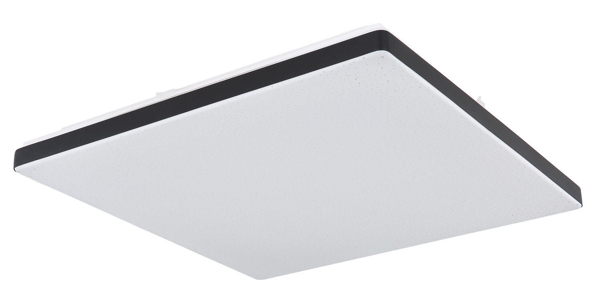 Face inférieure du luminaire éteint, diffuseur blanc tacheté et cadre noir fin.