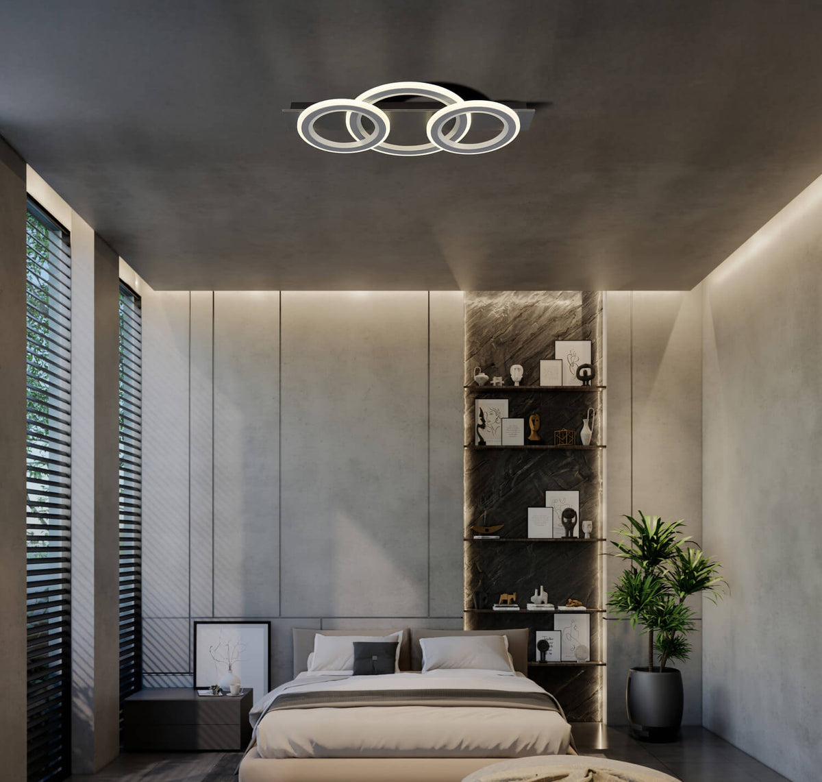 Mise en ambiance du plafonnier allumé au-dessus d'un lit, chambre contemporaine