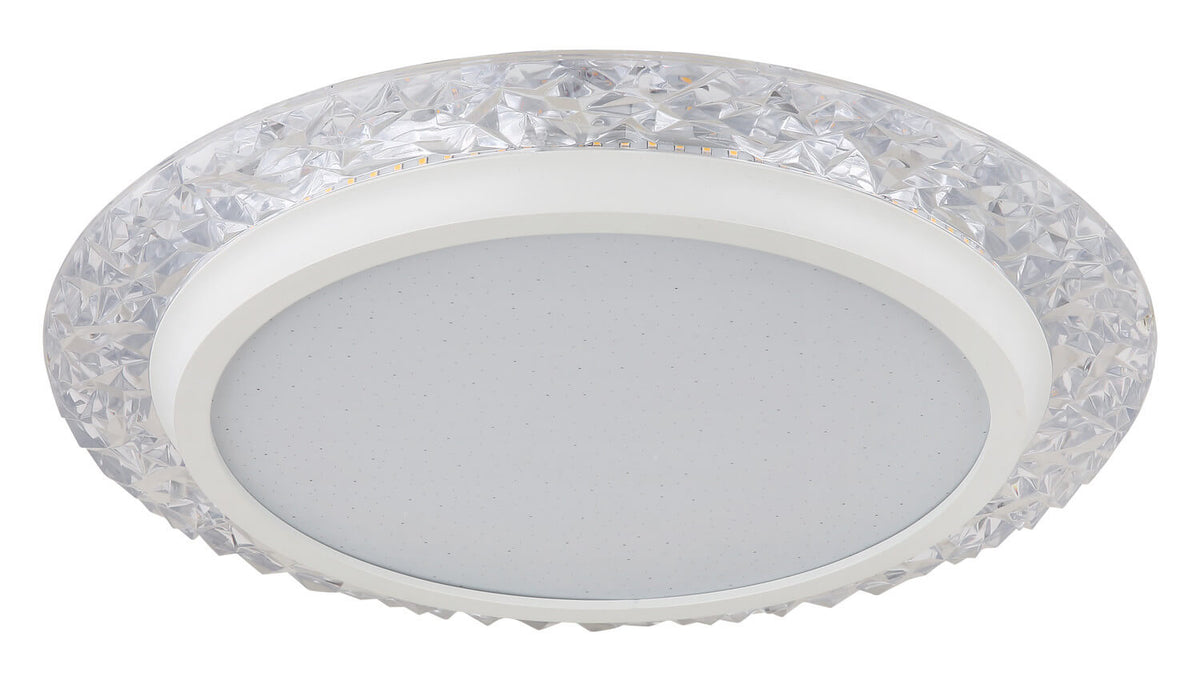 Plafonnier éteint montrant diffuseur blanc et bordure cristal transparente