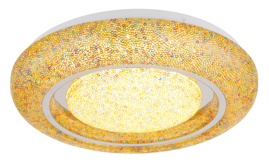 Vue en biais du plafonnier allumé, anneau chromé et cabochons dorés multicolores