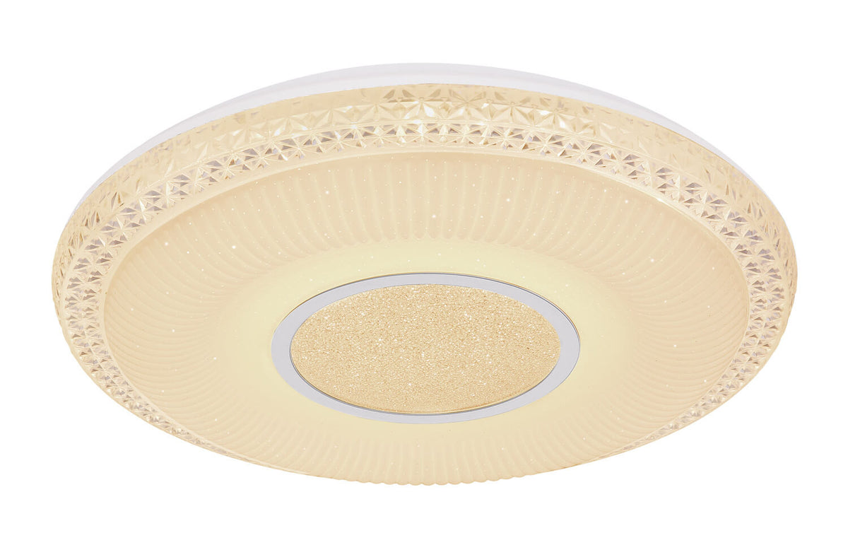 Vue rapprochée du diffuseur bombé en verre strié avec bordure étoilée et centre scintillant