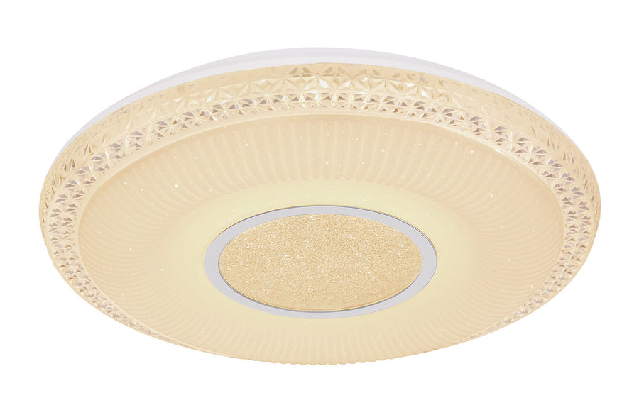 Vue rapprochée du diffuseur bombé en verre strié avec bordure étoilée et centre scintillant