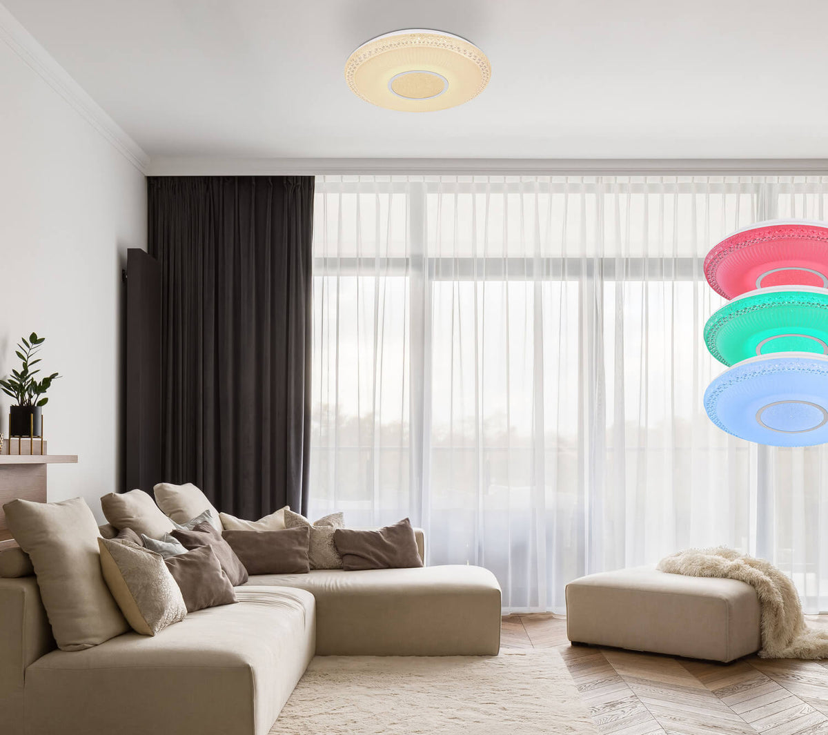 Mise en ambiance du plafonnier au plafond d'un salon, déclinaisons de couleurs RVB