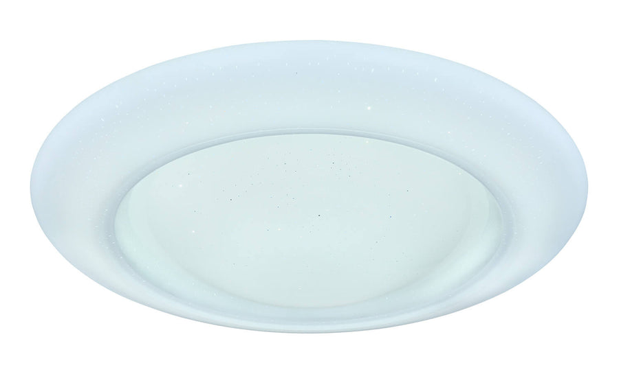 Plafonnier vu de dessus, verre blanc bleuté et finition mouchetée sur fond neutre