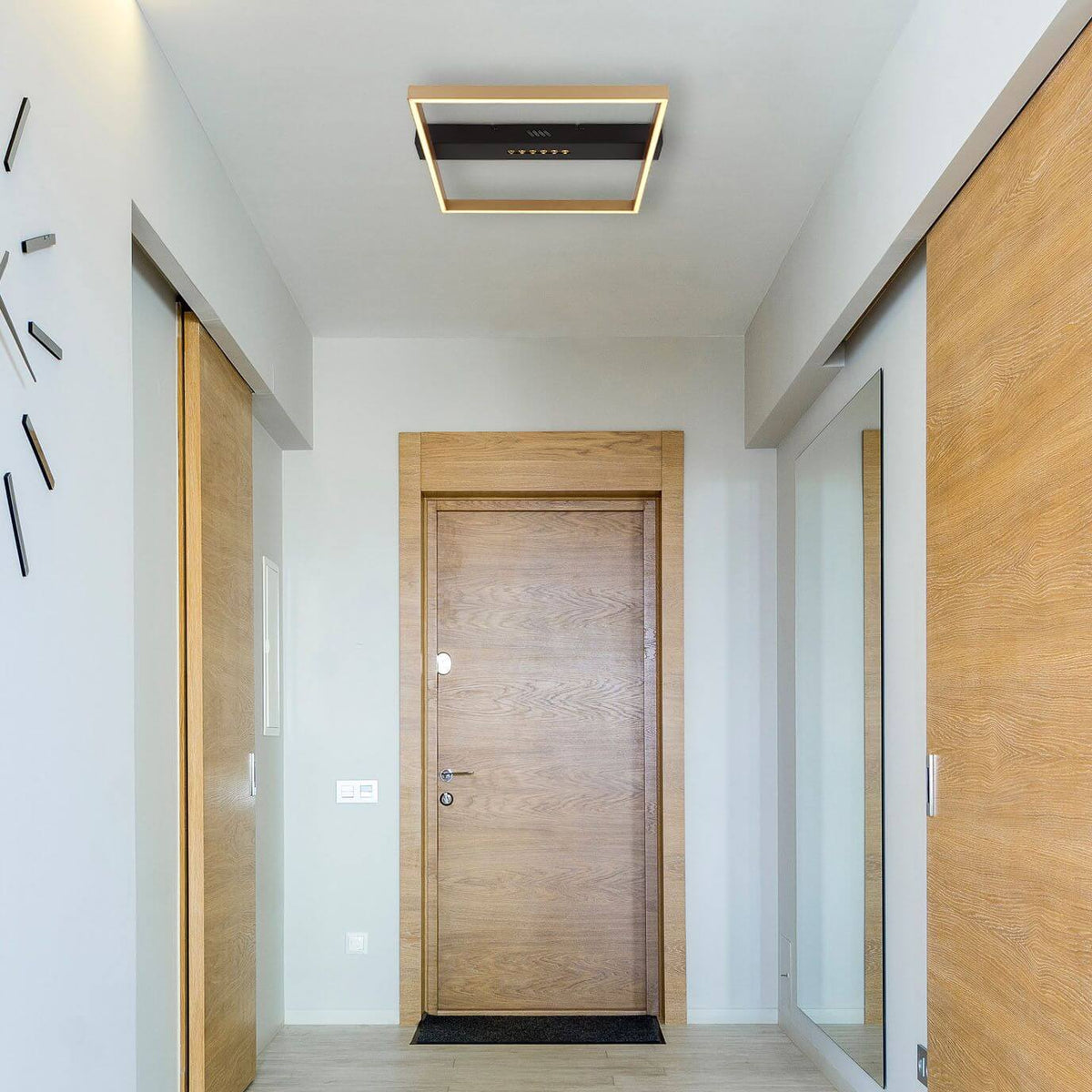Mise en ambiance du plafonnier installé dans un couloir avec porte en bois clair.