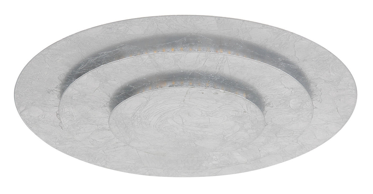 Vue du plafonnier éteint, disque argenté à deux anneaux en relief
