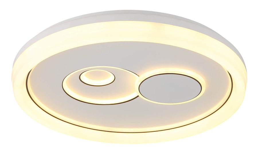 Plafonnier allumé diffusant une lumière chaude, vue de trois quarts sur fond blanc