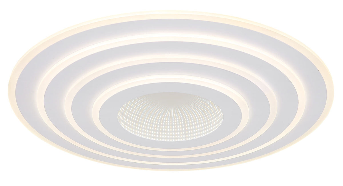 Gros plan sur les anneaux lumineux et le diffuseur central perforé du plafonnier