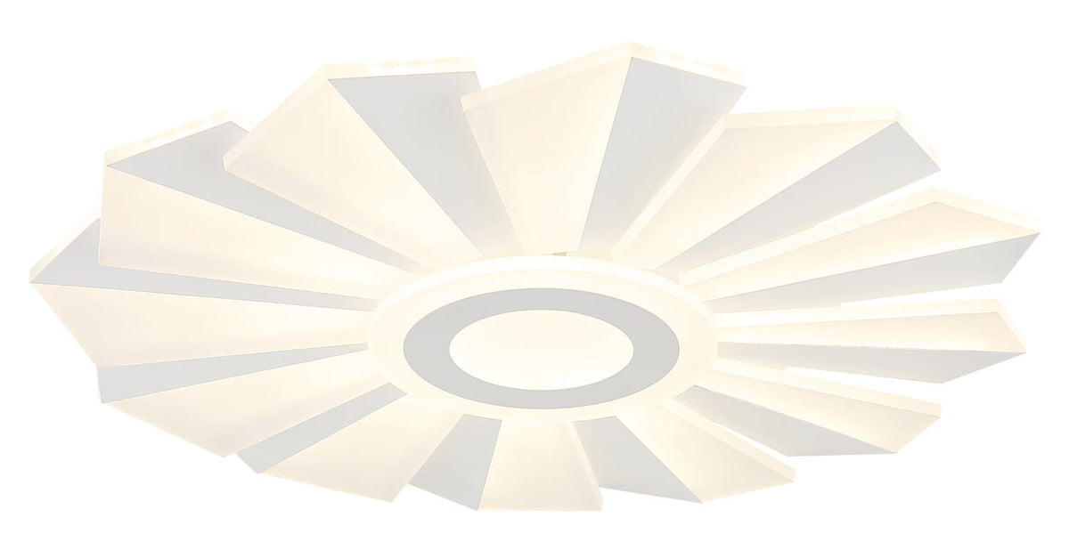 Plafonnier blanc mat allumé, vue de dessous avec halo lumineux