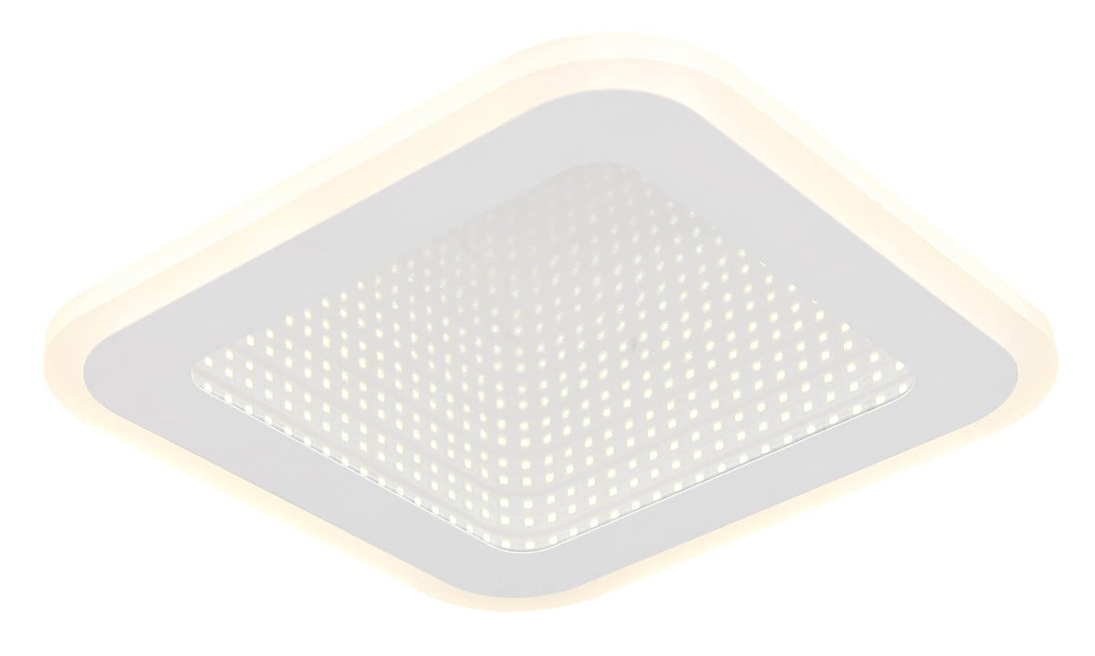 Vue en perspective du luminaire éclairé montrant le diffuseur central perforé de points lumineux