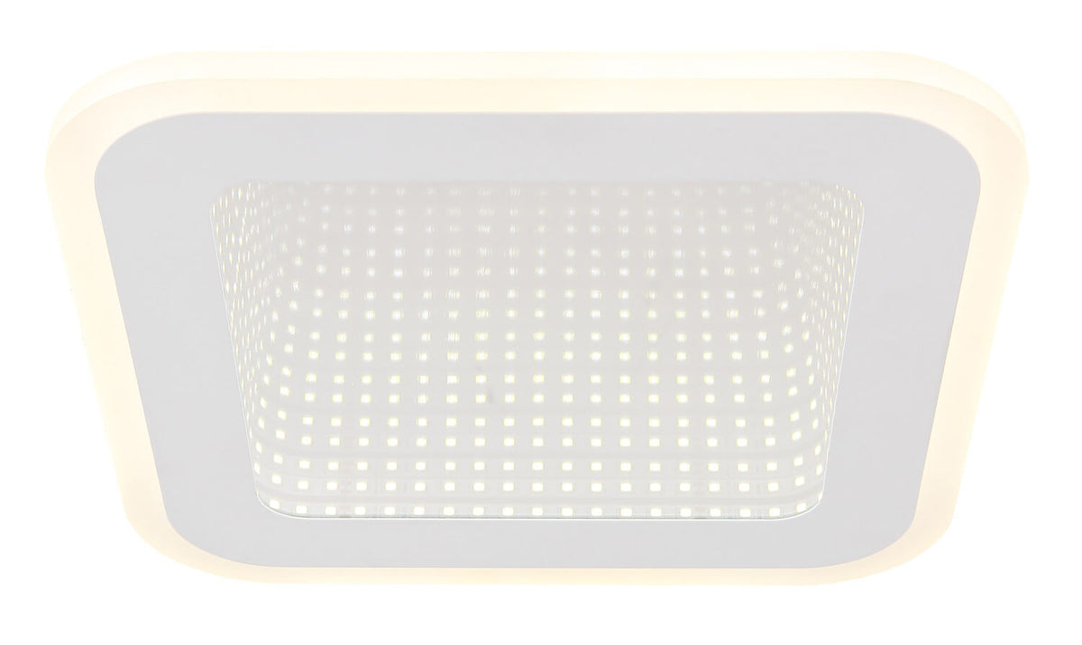Gros plan de face du plafonnier allumé, bord lumineux et grille centrale perforée