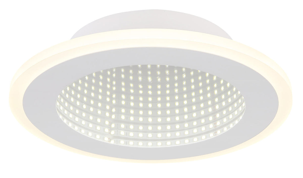Gros plan du plafonnier allumé, détail des LED et du bandeau lumineux