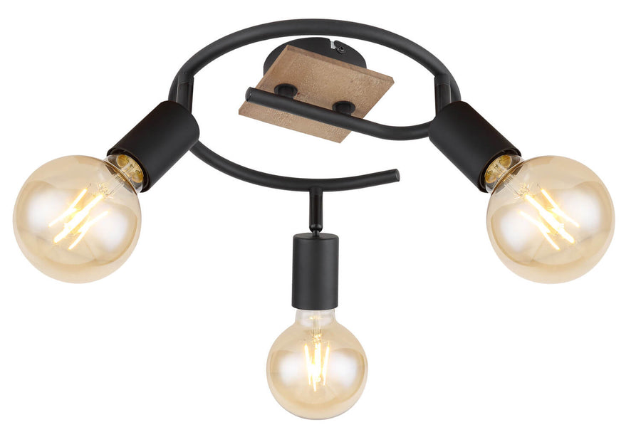 Spot de plafond noir circulaire vu de face, trois ampoules rondes allumées