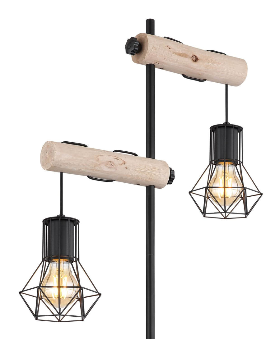 Gros plan sur les luminaires à cage géométrique et les bras cylindriques en bois clair